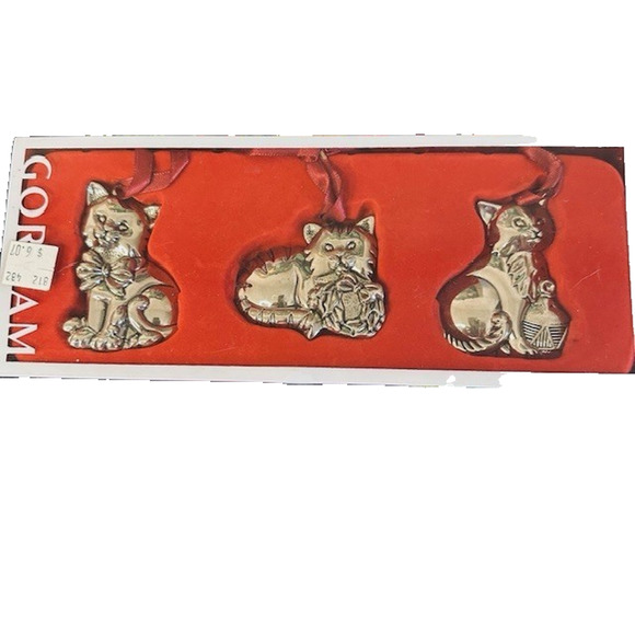 Gorham Christmas Ornaments CATS Set of 3 Nickel plated/ Silver color Original BX - Picture 1 of 16